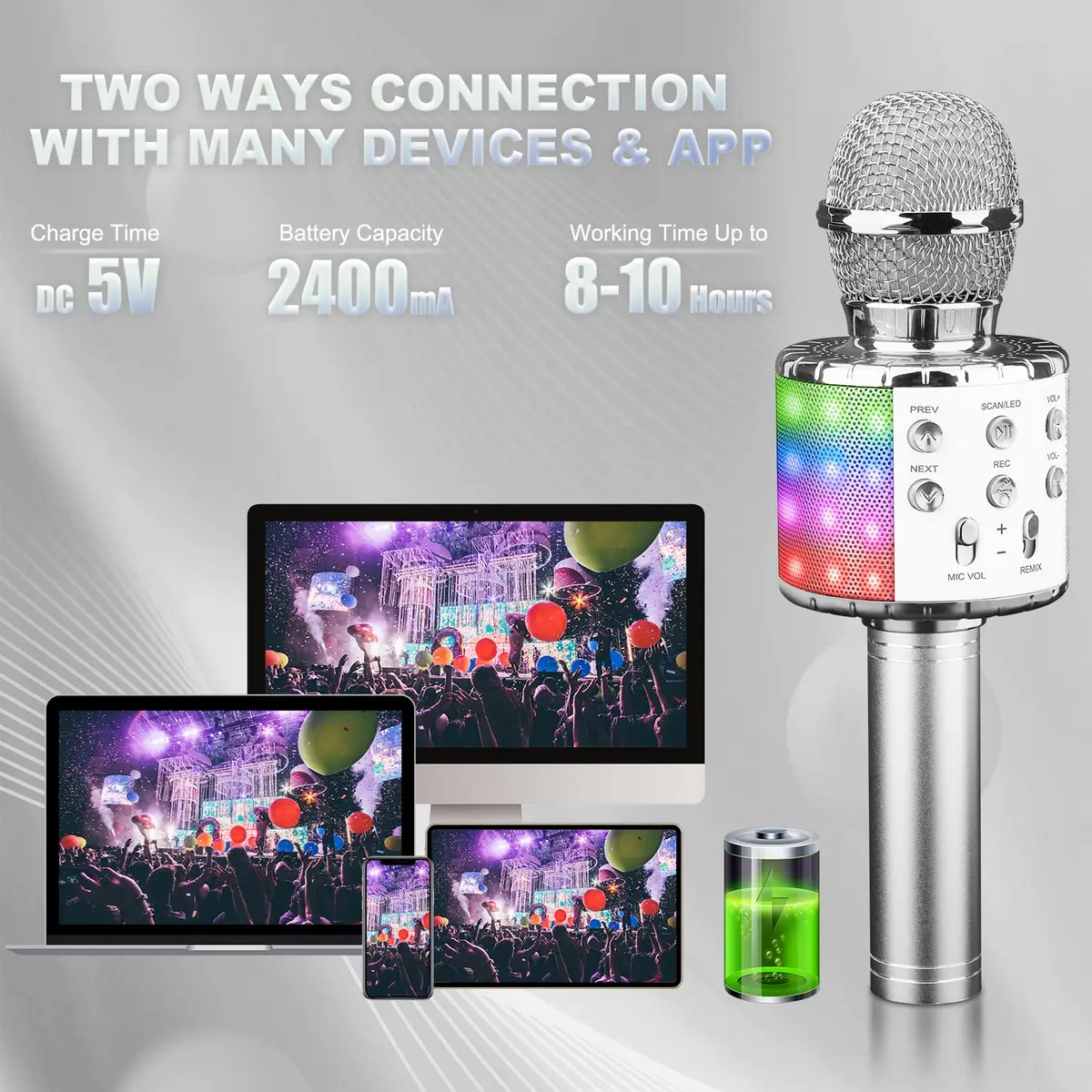BlueFire 4-in-1 Karaoke Wireless Microphone with LED Lights, Portable Microphone for Kids, Girls, Boys & Adults (Silver) | Rechargeable Bluetooth Speaker & Recorder - view 6