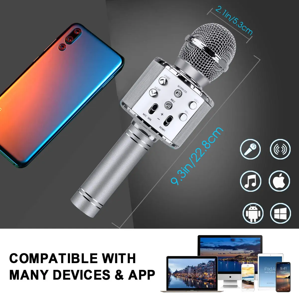 BlueFire 4-in-1 Karaoke Wireless Microphone with LED Lights, Portable Microphone for Kids, Girls, Boys & Adults (Silver) | Rechargeable Bluetooth Speaker & Recorder - view 7