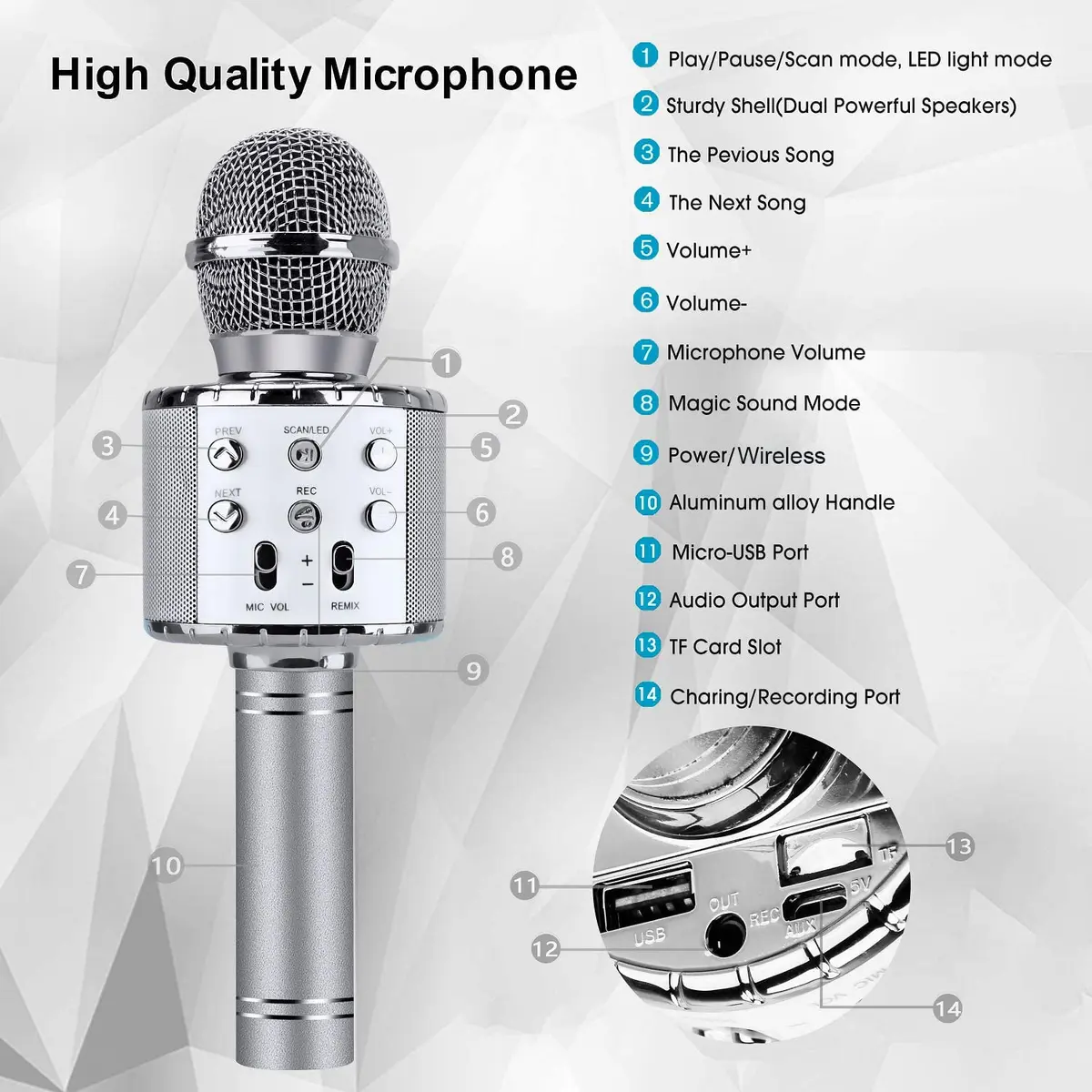 BlueFire 4-in-1 Karaoke Wireless Microphone with LED Lights, Portable Microphone for Kids, Girls, Boys & Adults (Silver) | Rechargeable Bluetooth Speaker & Recorder - view 3