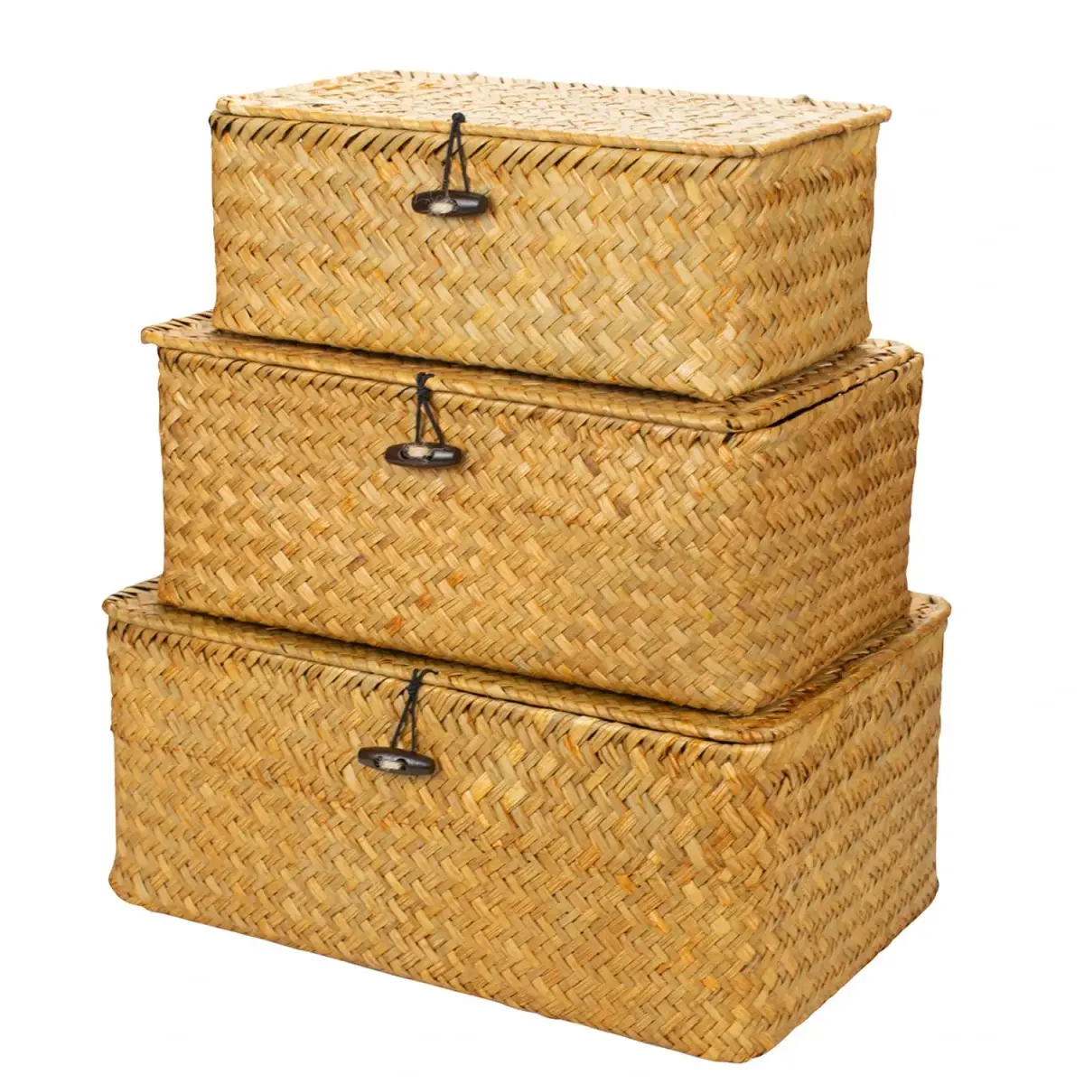Yesland Handwoven Seagrass Storage Baskets with Lid Set of 3, Compact Rectangular Wicker Bins 20cm (L) | Bohemian Style Organizer for Shelves, Closets, Desktops - main product image