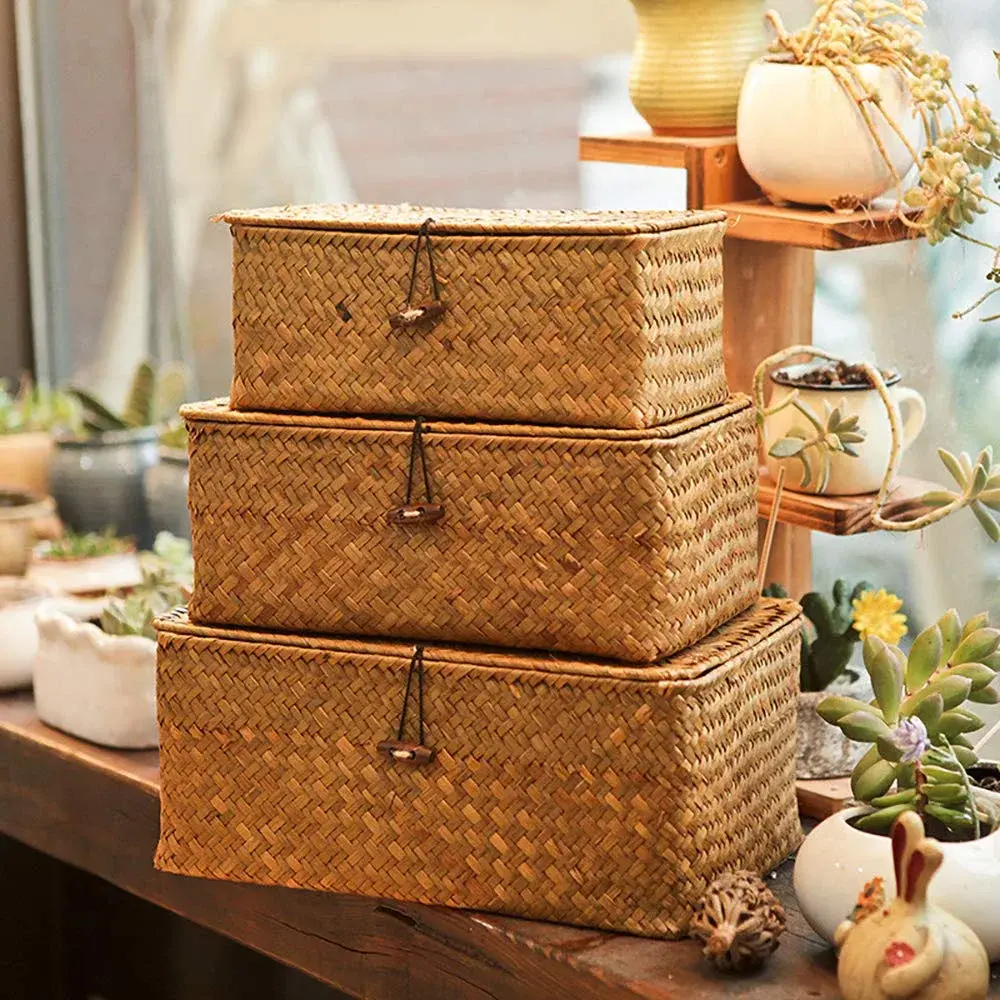 Yesland Handwoven Seagrass Storage Baskets with Lid Set of 3, Compact Rectangular Wicker Bins 20cm (L) | Bohemian Style Organizer for Shelves, Closets, Desktops - view 5