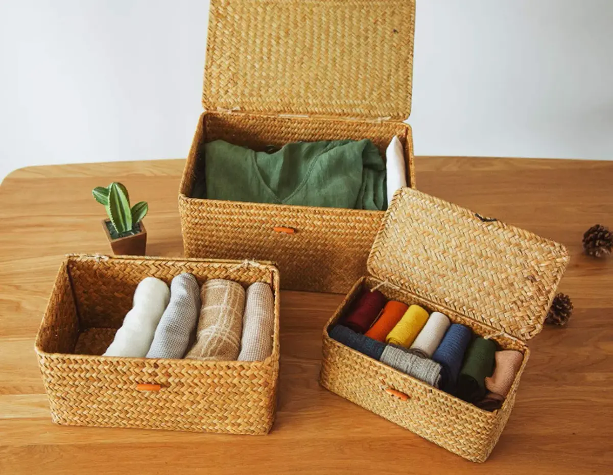Yesland Handwoven Seagrass Storage Baskets with Lid Set of 3, Compact Rectangular Wicker Bins 20cm (L) | Bohemian Style Organizer for Shelves, Closets, Desktops - view 6