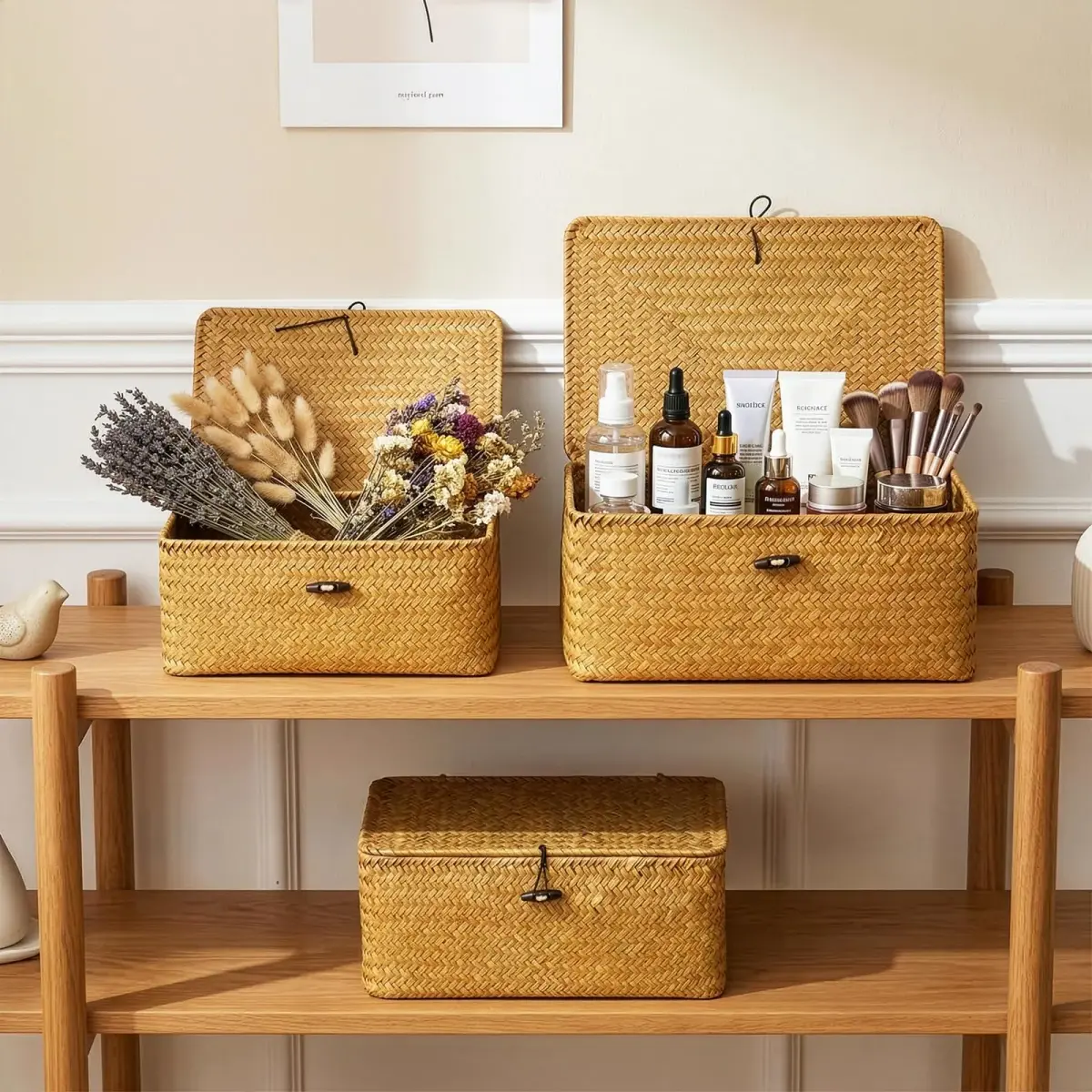 Yesland Handwoven Seagrass Storage Baskets with Lid Set of 3, Compact Rectangular Wicker Bins 20cm (L) | Bohemian Style Organizer for Shelves, Closets, Desktops - view 7