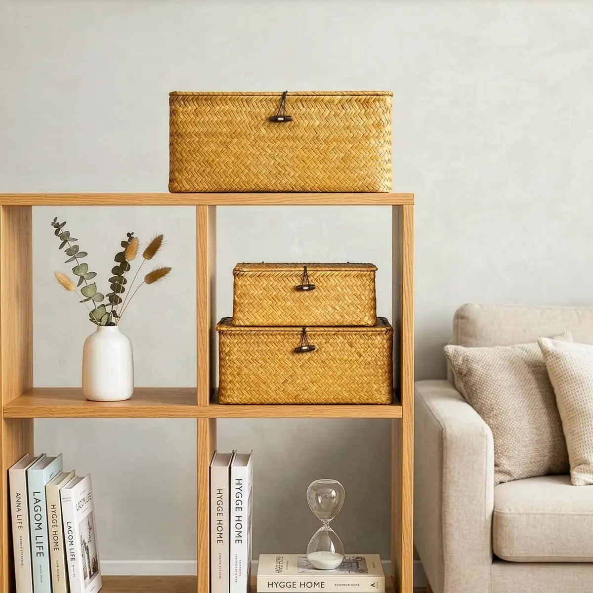 Yesland Handwoven Seagrass Storage Baskets with Lid Set of 3, Compact Rectangular Wicker Bins 20cm (L) | Bohemian Style Organizer for Shelves, Closets, Desktops - view 8