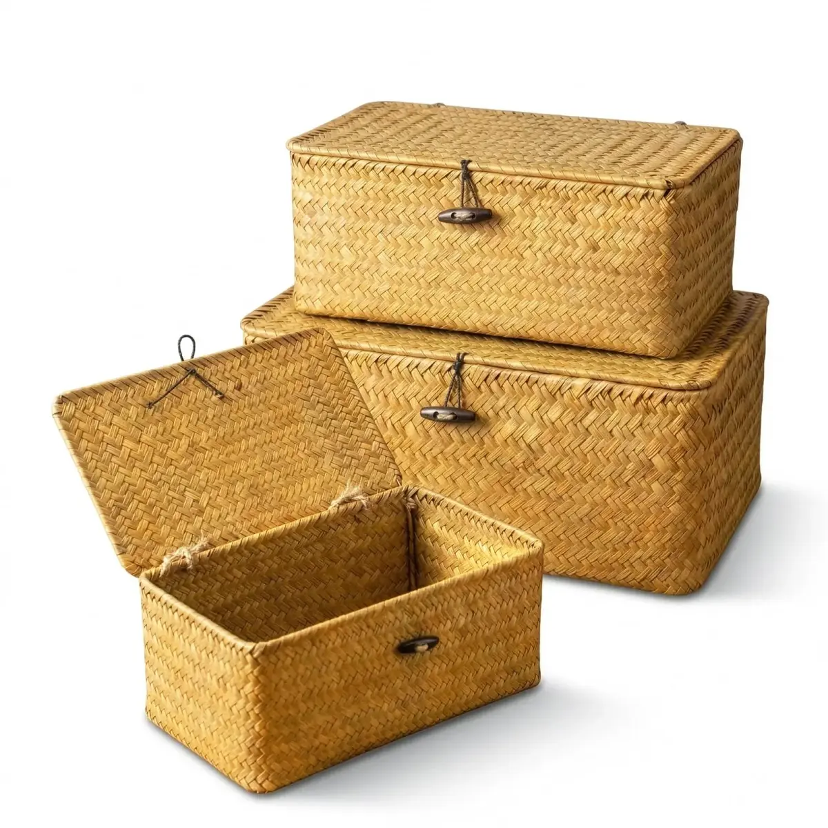 Yesland Handwoven Seagrass Storage Baskets with Lid Set of 3, Compact Rectangular Wicker Bins 20cm (L) | Bohemian Style Organizer for Shelves, Closets, Desktops - view 9