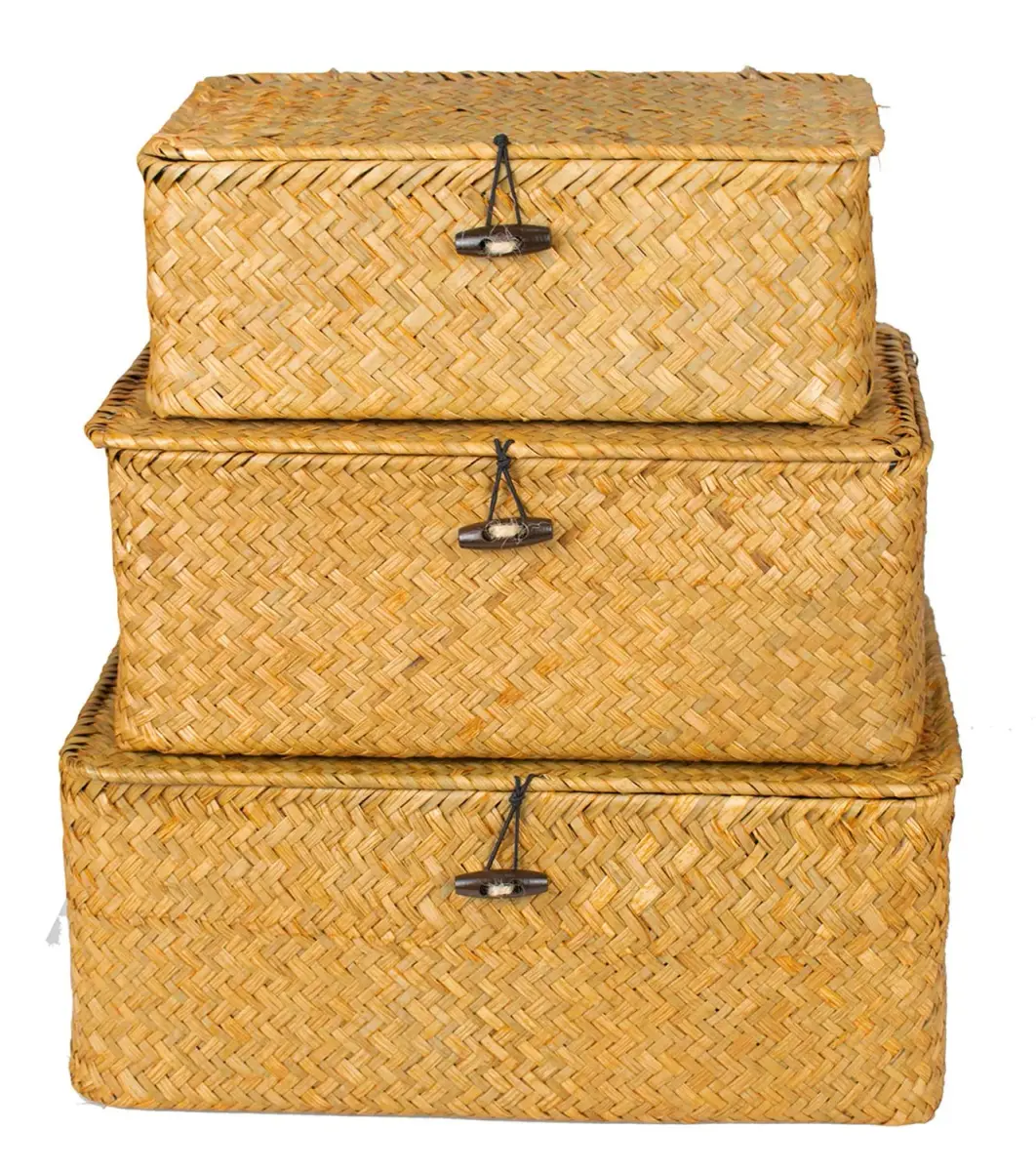 Yesland Handwoven Seagrass Storage Baskets with Lid Set of 3, Compact Rectangular Wicker Bins 20cm (L) | Bohemian Style Organizer for Shelves, Closets, Desktops - view 4