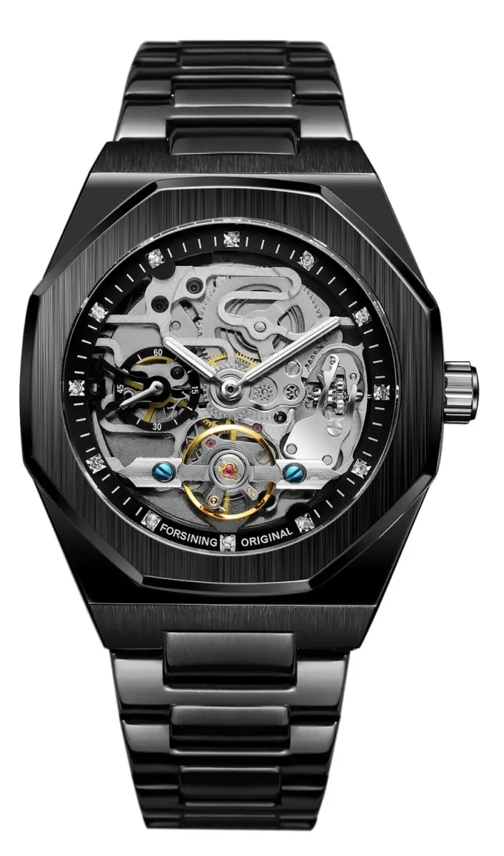 FANMIS Skeleton Automatic Watch 45mm Black Stainless Steel Bracelet | Luxury Men's Wristwatch - main product image