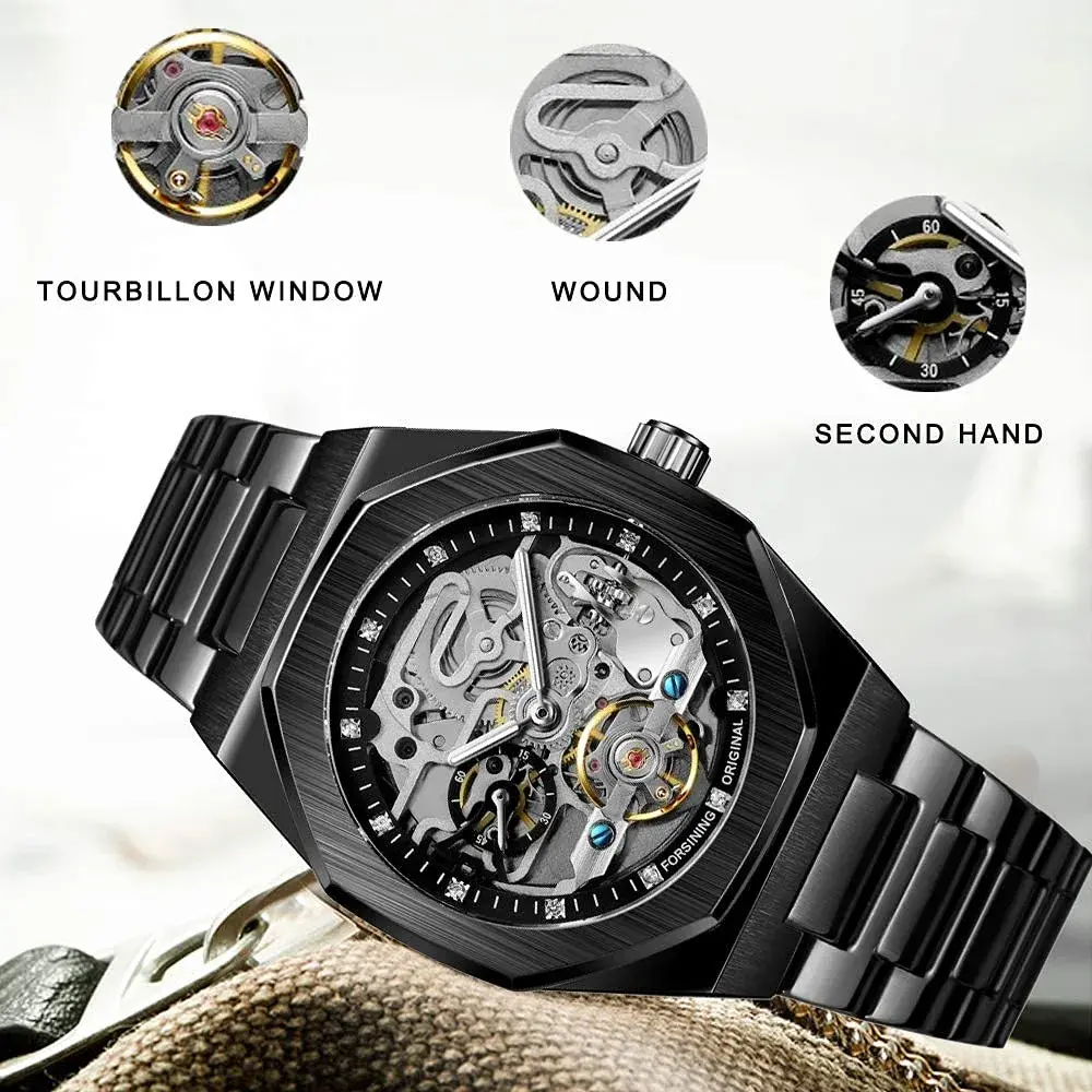 FANMIS Skeleton Automatic Watch 45mm Black Stainless Steel Bracelet | Luxury Men's Wristwatch - view 5
