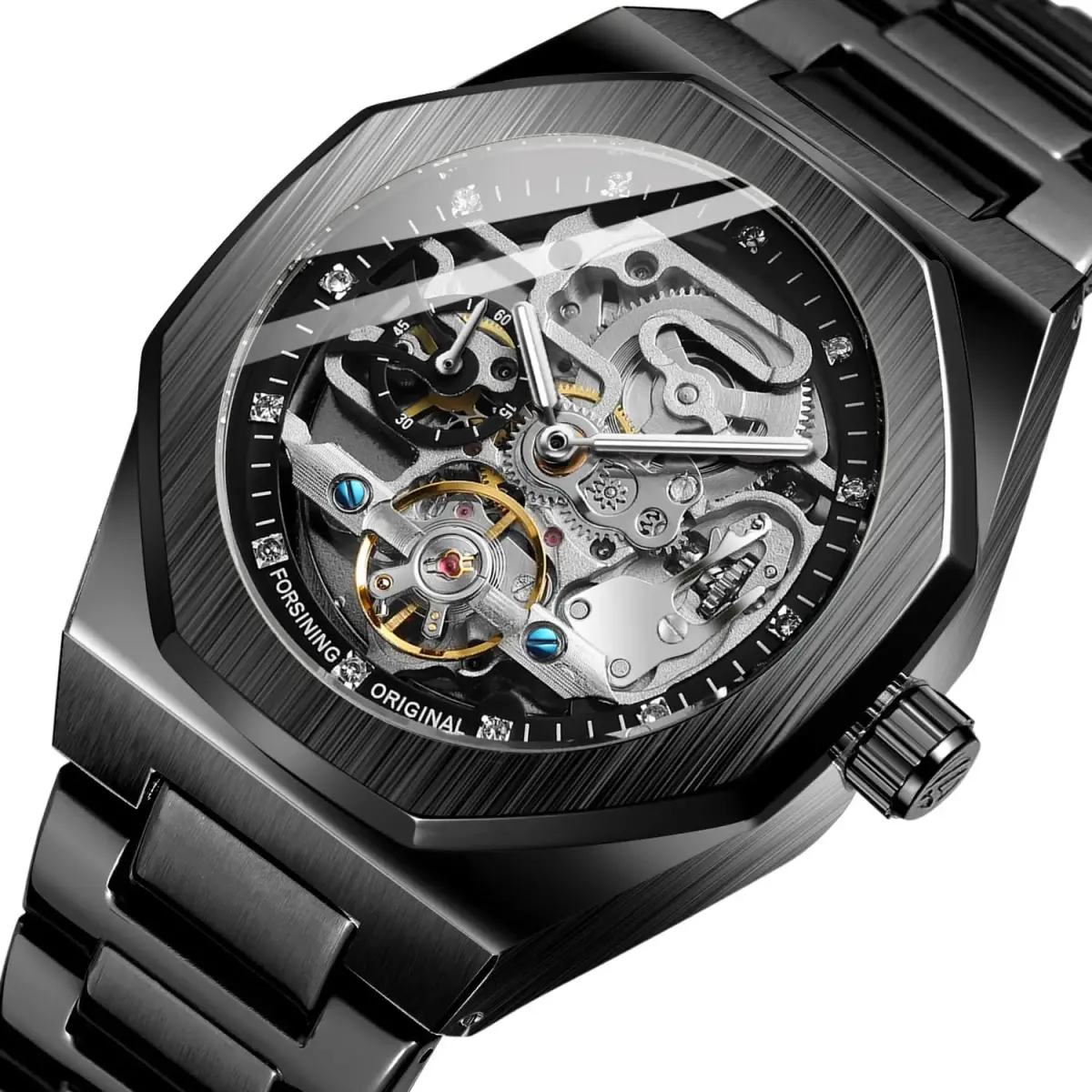 FANMIS Skeleton Automatic Watch 45mm Black Stainless Steel Bracelet | Luxury Men's Wristwatch - view 2