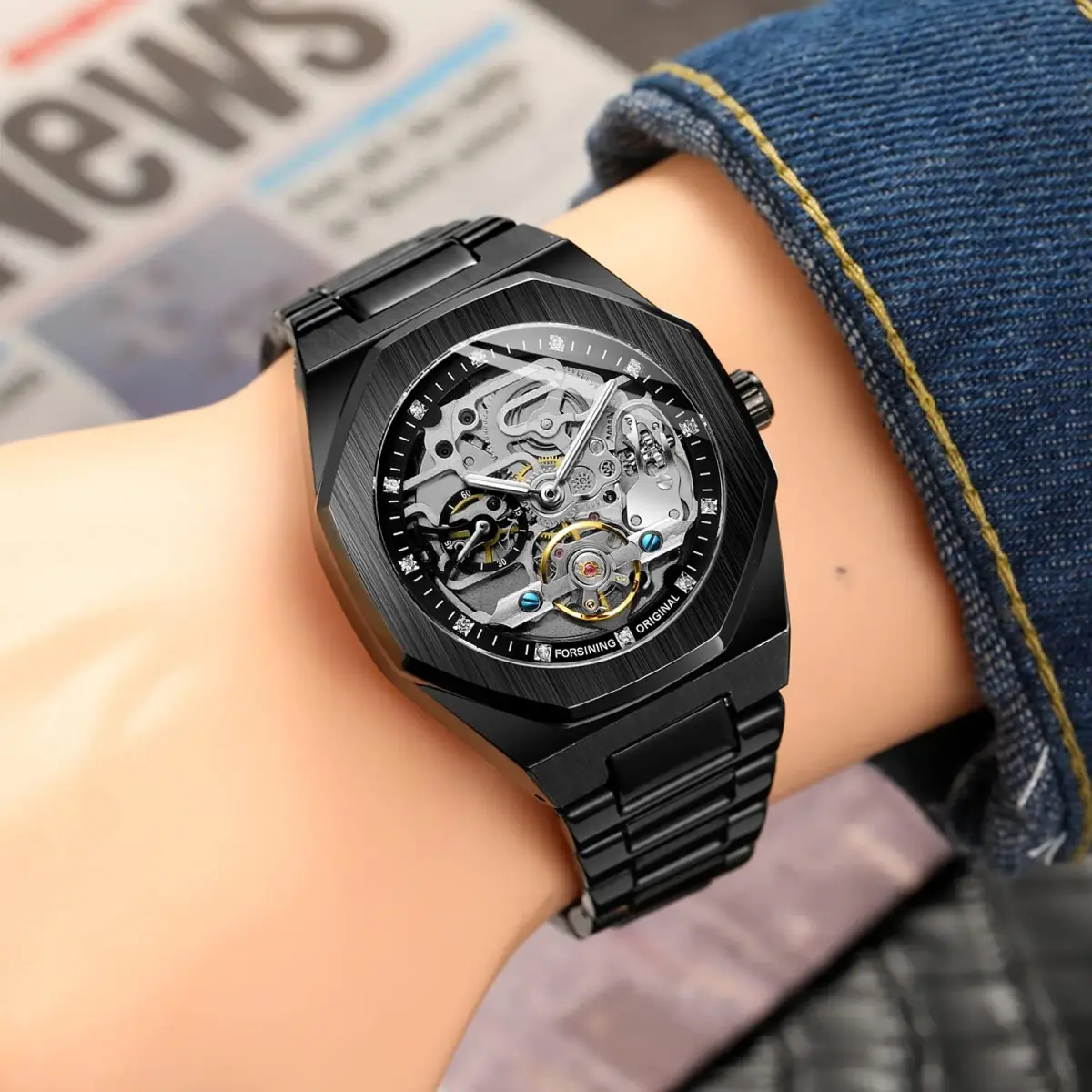 FANMIS Skeleton Automatic Watch 45mm Black Stainless Steel Bracelet | Luxury Men's Wristwatch - view 3