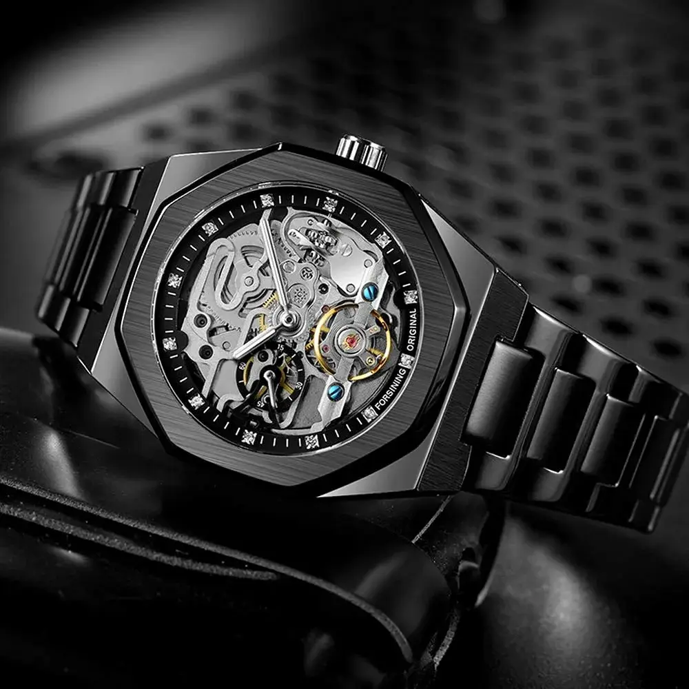 FANMIS Skeleton Automatic Watch 45mm Black Stainless Steel Bracelet | Luxury Men's Wristwatch - view 4