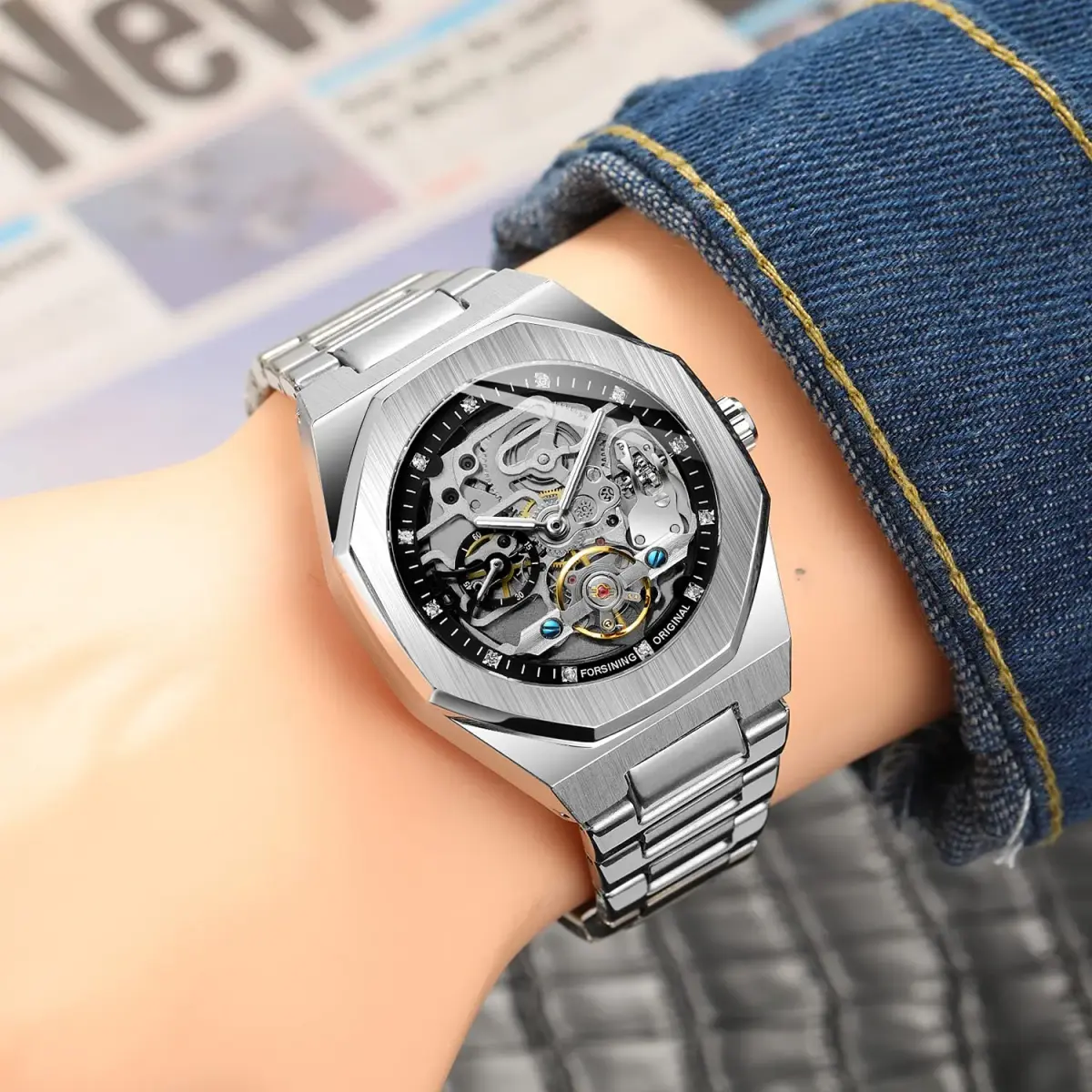 FANMIS Men's Skeleton Automatic Watch with Stainless Steel Bracelet | 45mm Case, 30M Water Resistant - view 5