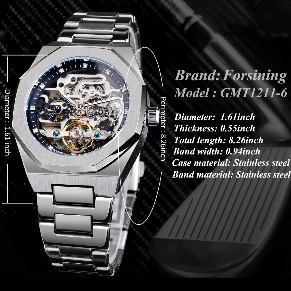 FANMIS Men's Skeleton Automatic Watch with Stainless Steel Bracelet | 45mm Case, 30M Water Resistant - view 6