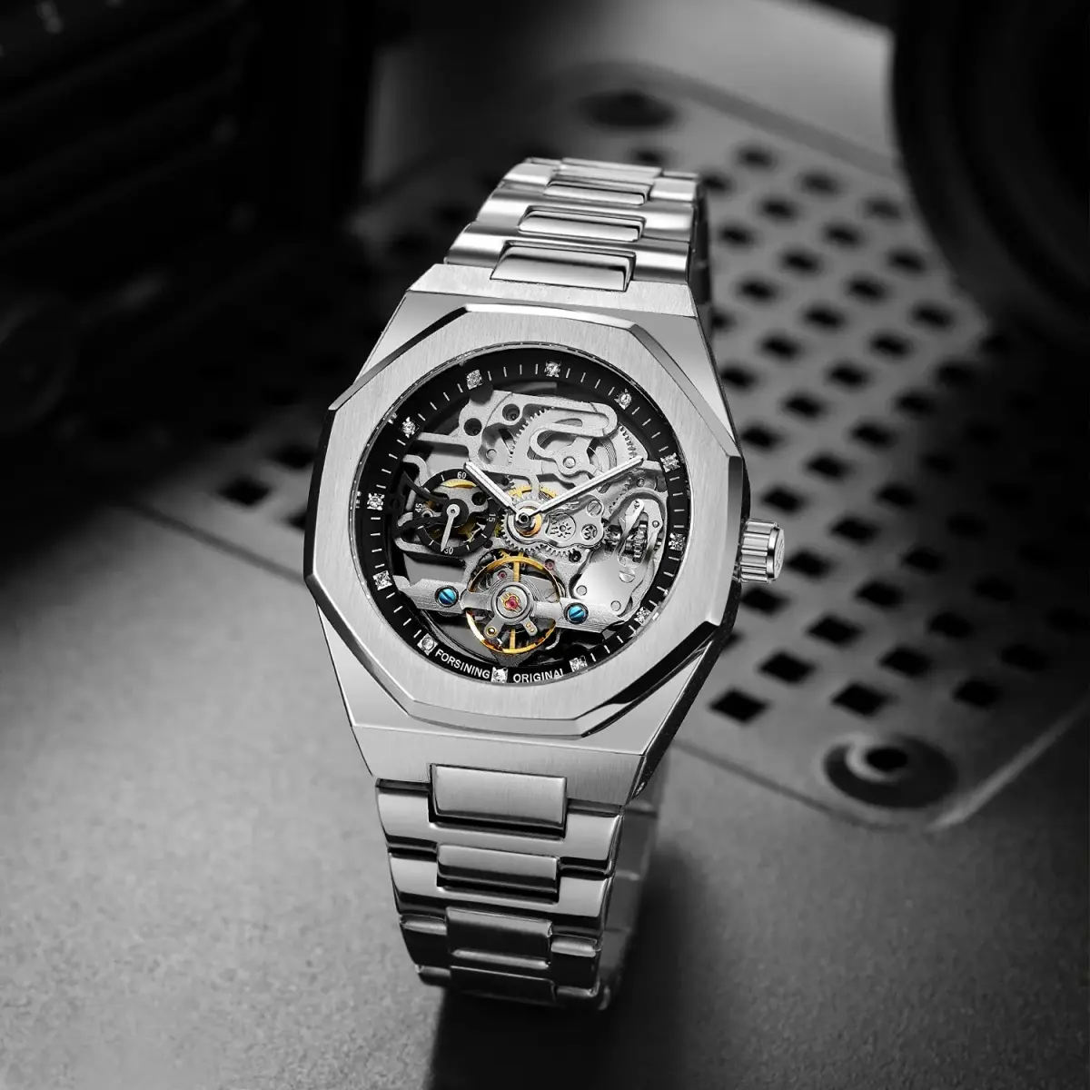 FANMIS Men's Skeleton Automatic Watch with Stainless Steel Bracelet | 45mm Case, 30M Water Resistant - view 3