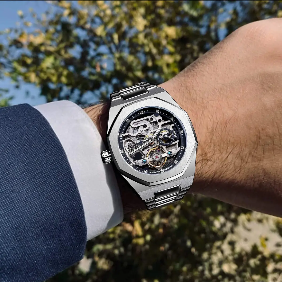 FANMIS Men's Skeleton Automatic Watch with Stainless Steel Bracelet | 45mm Case, 30M Water Resistant - view 4