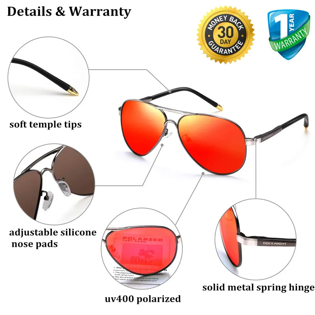 ROCKNIGHT Polarized Aviator Sunglasses Men Women UV400 Metal Frame Driving | Lightweight Metal Frame with Adjustable Nose Pads - view 2