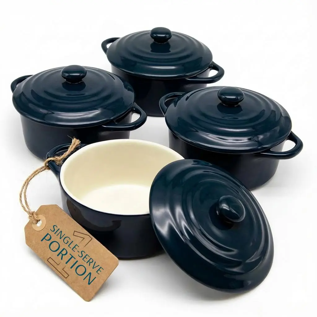KooK Mini Cocotte Dutch Oven Set of 4 with Lids & Handles, 355ml (12 oz) Navy | Oven to Table Stoneware - main product image