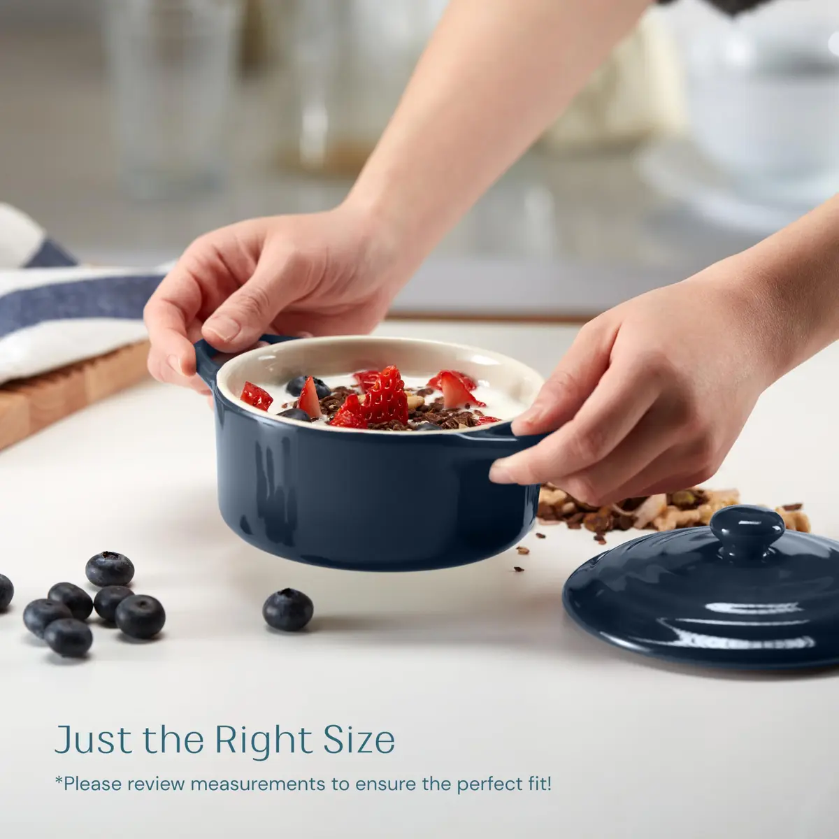 KooK Mini Cocotte Dutch Oven Set of 4 with Lids & Handles, 355ml (12 oz) Navy | Oven to Table Stoneware - view 5