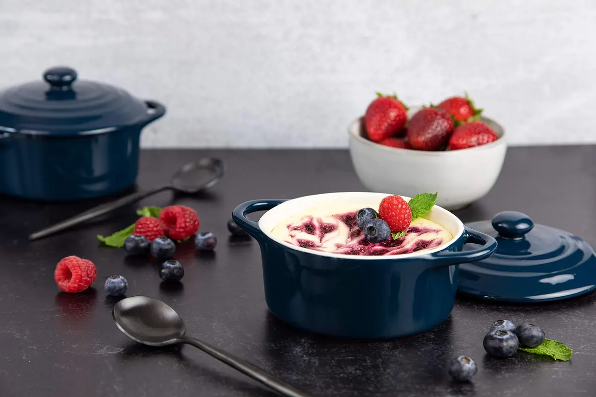 KooK Mini Cocotte Dutch Oven Set of 4 with Lids & Handles, 355ml (12 oz) Navy | Oven to Table Stoneware - view 6
