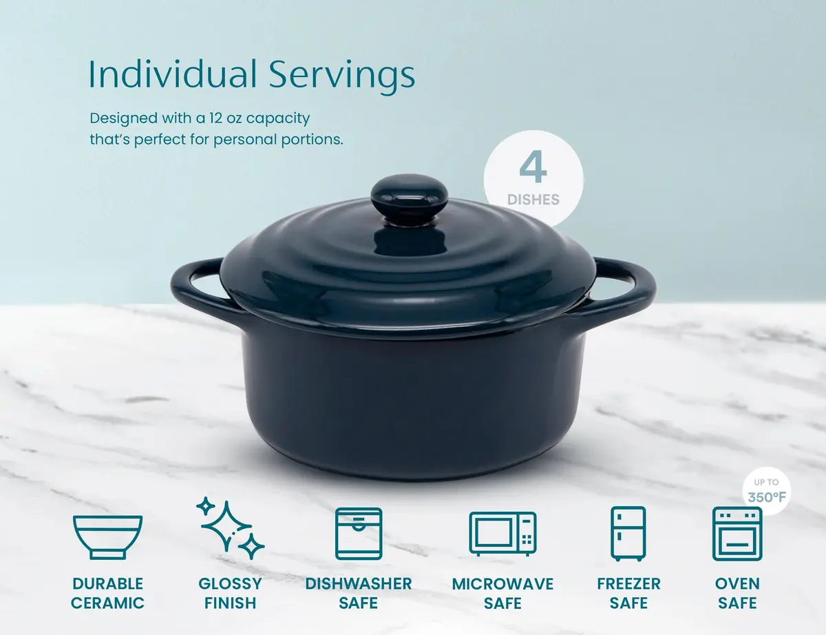 KooK Mini Cocotte Dutch Oven Set of 4 with Lids & Handles, 355ml (12 oz) Navy | Oven to Table Stoneware - view 7