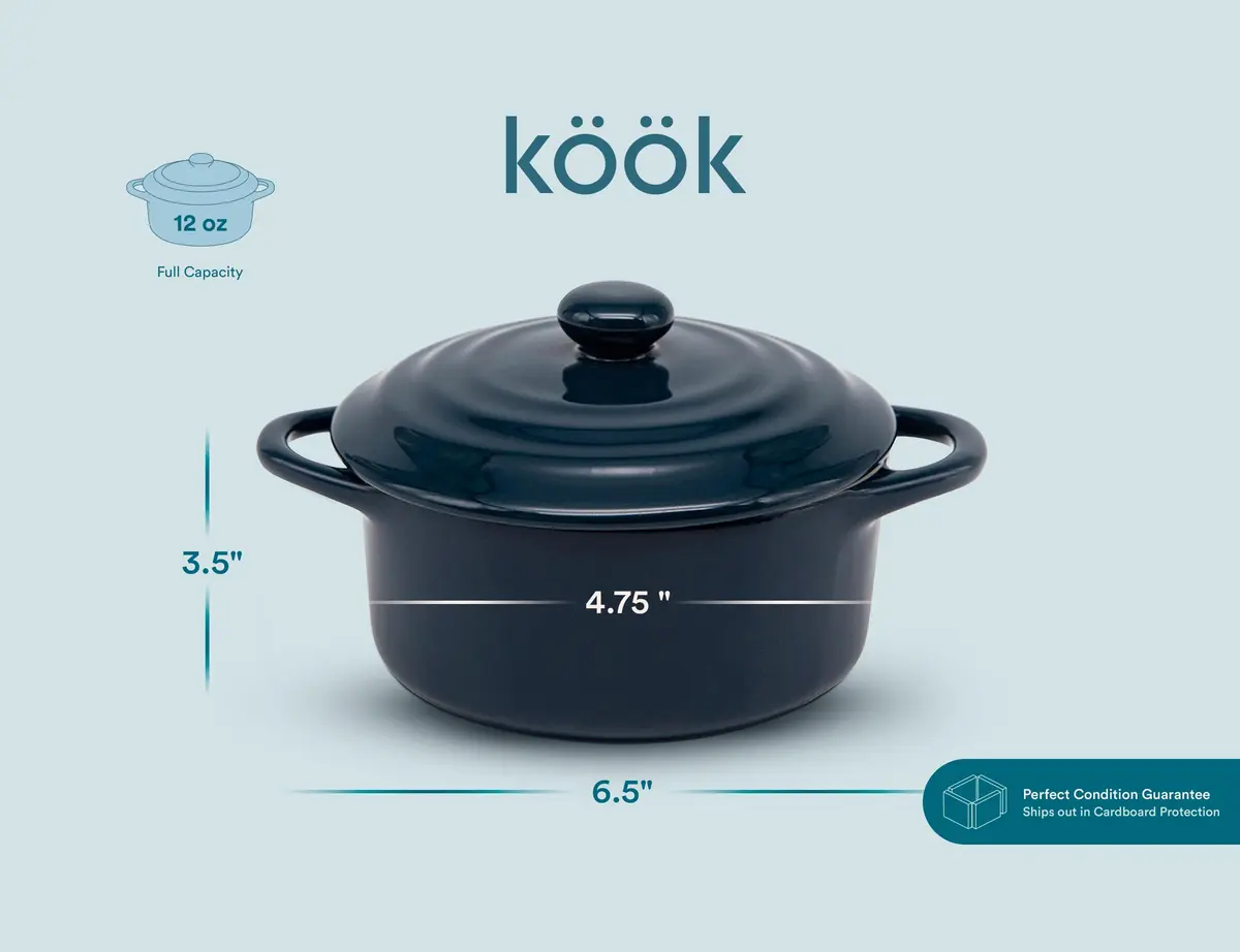 KooK Mini Cocotte Dutch Oven Set of 4 with Lids & Handles, 355ml (12 oz) Navy | Oven to Table Stoneware - view 8