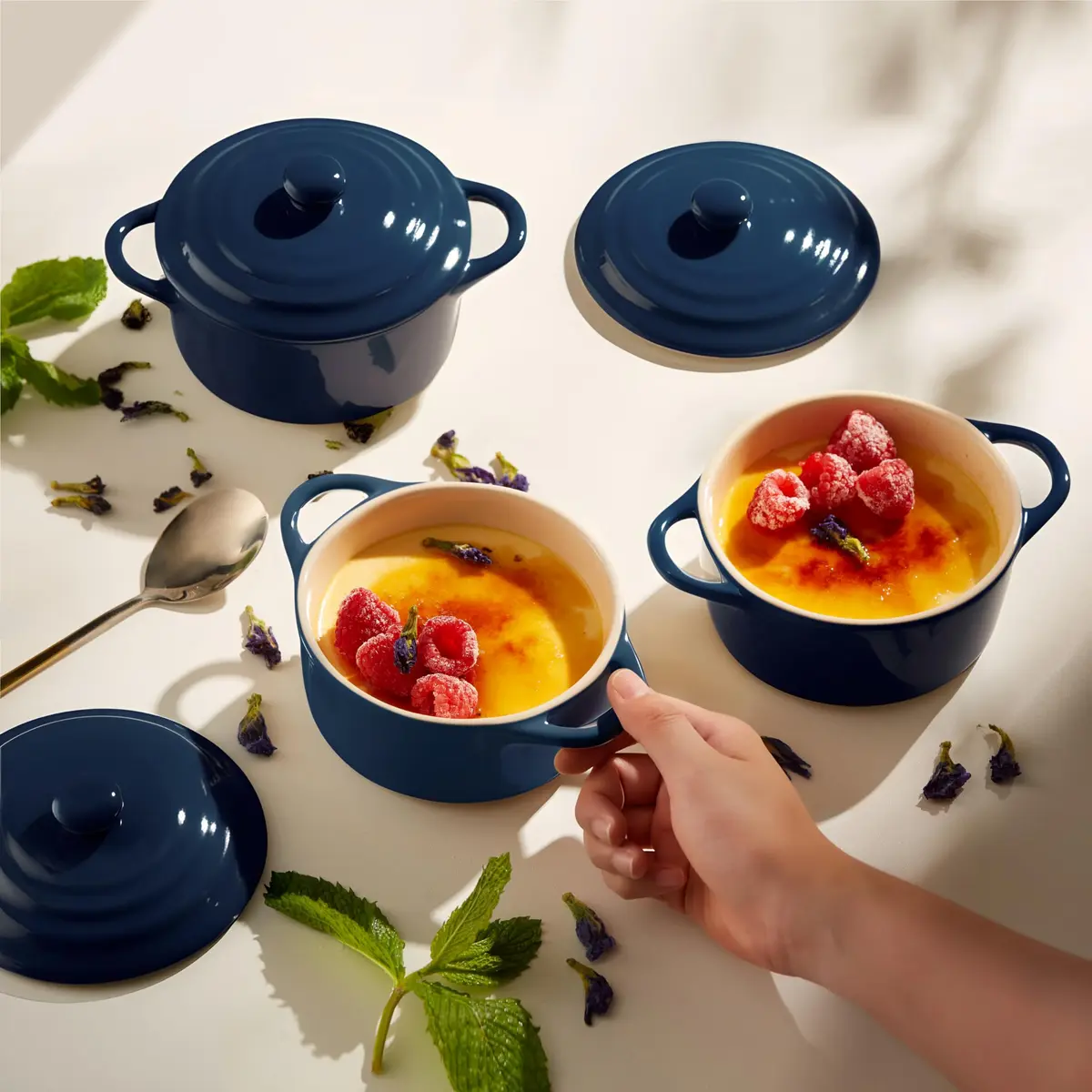KooK Mini Cocotte Dutch Oven Set of 4 with Lids & Handles, 355ml (12 oz) Navy | Oven to Table Stoneware - view 2