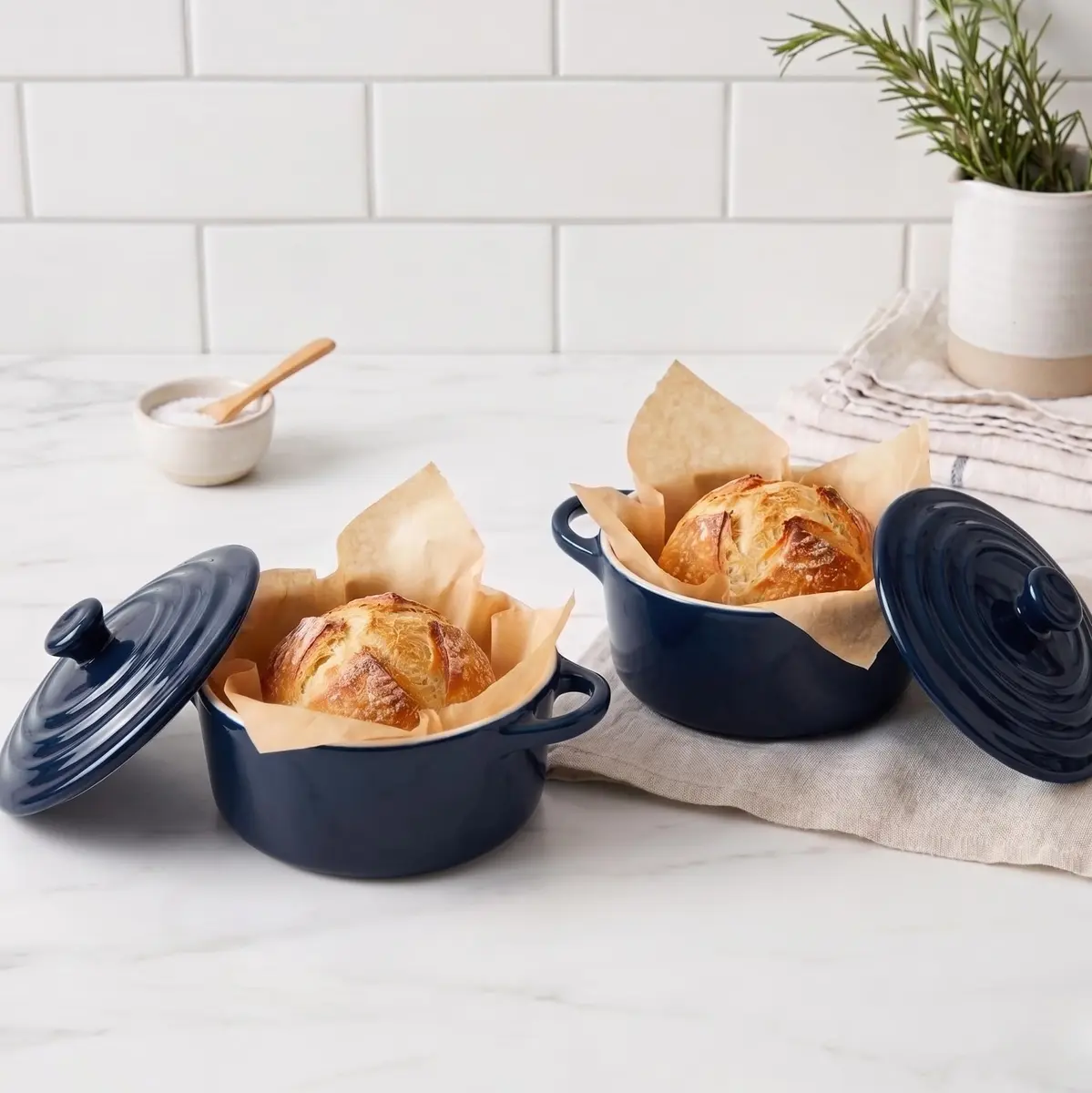 KooK Mini Cocotte Dutch Oven Set of 4 with Lids & Handles, 355ml (12 oz) Navy | Oven to Table Stoneware - view 3