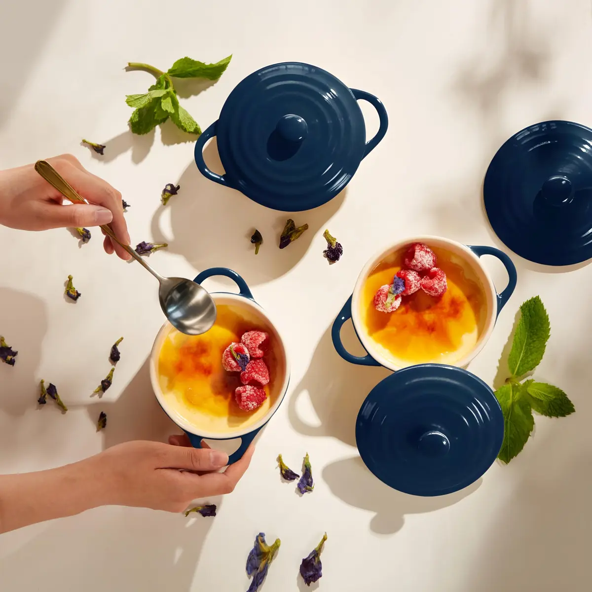 KooK Mini Cocotte Dutch Oven Set of 4 with Lids & Handles, 355ml (12 oz) Navy | Oven to Table Stoneware - view 4