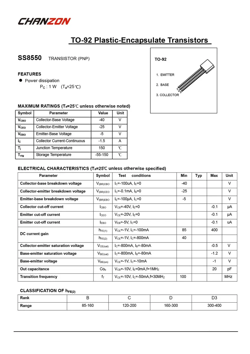 CHANZON SS8550 PNP Power BJT Transistor TO-92 | Medium Power Switching & Amplification - view 4