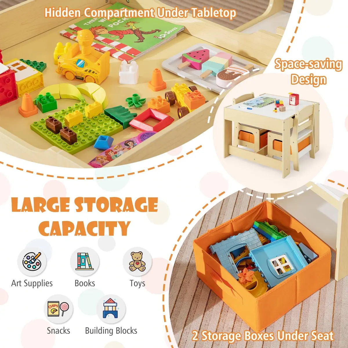 HONEY JOY Kids Table and Chairs 3-in-1 Wooden Activity Set for Toddlers 3-7 Years | Storage & Reversible Top - view 6
