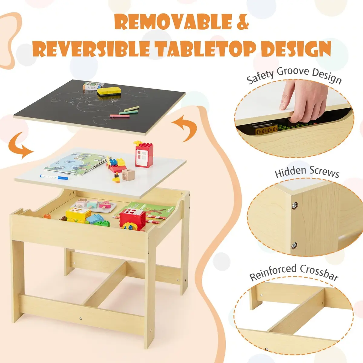 HONEY JOY Kids Table and Chairs 3-in-1 Wooden Activity Set for Toddlers 3-7 Years | Storage & Reversible Top - view 7