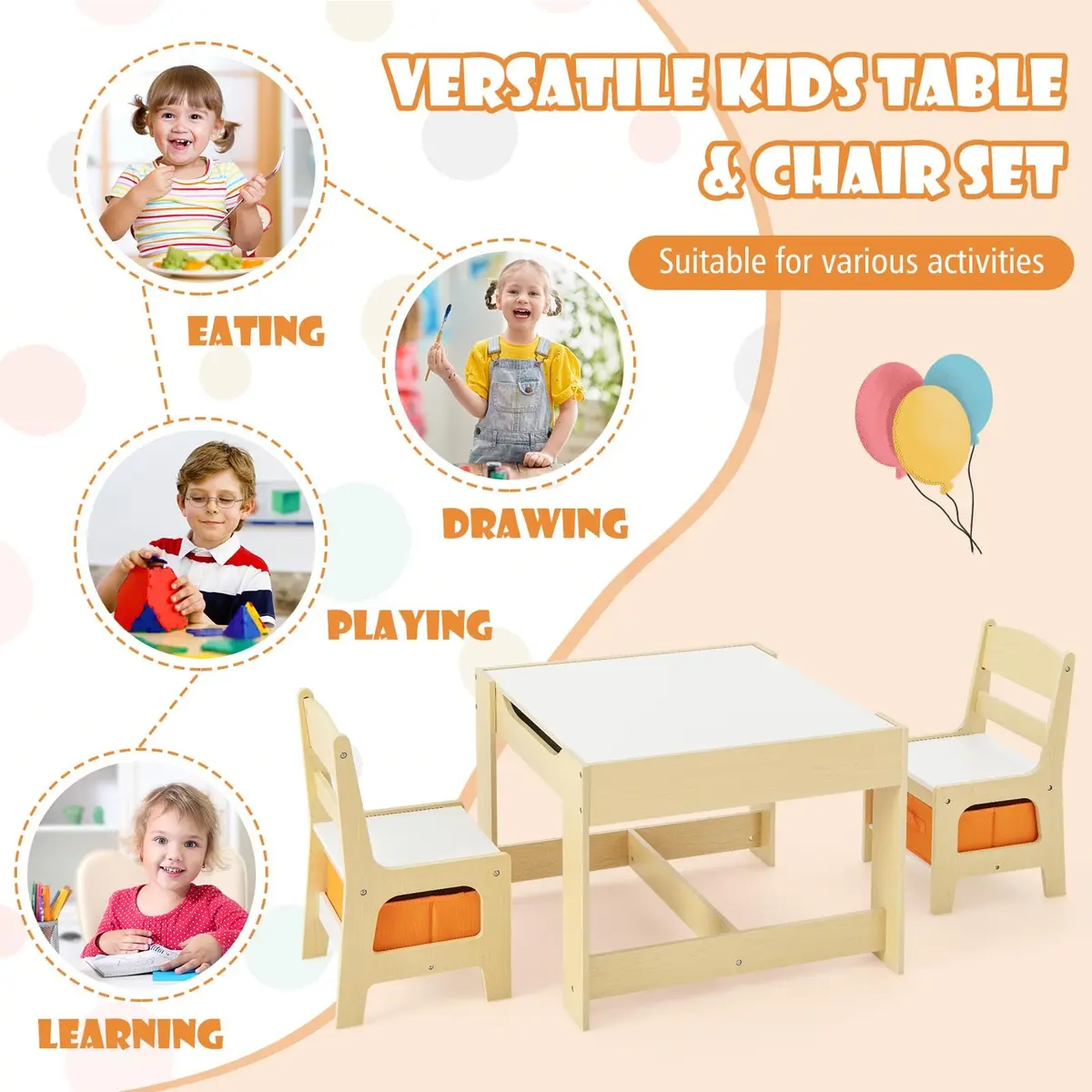 HONEY JOY Kids Table and Chairs 3-in-1 Wooden Activity Set for Toddlers 3-7 Years | Storage & Reversible Top - view 8