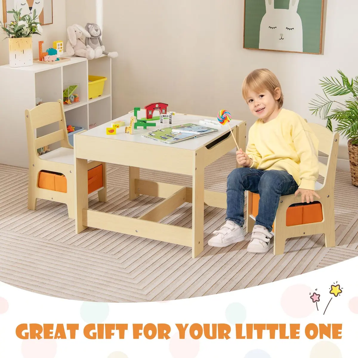 HONEY JOY Kids Table and Chairs 3-in-1 Wooden Activity Set for Toddlers 3-7 Years | Storage & Reversible Top - view 9
