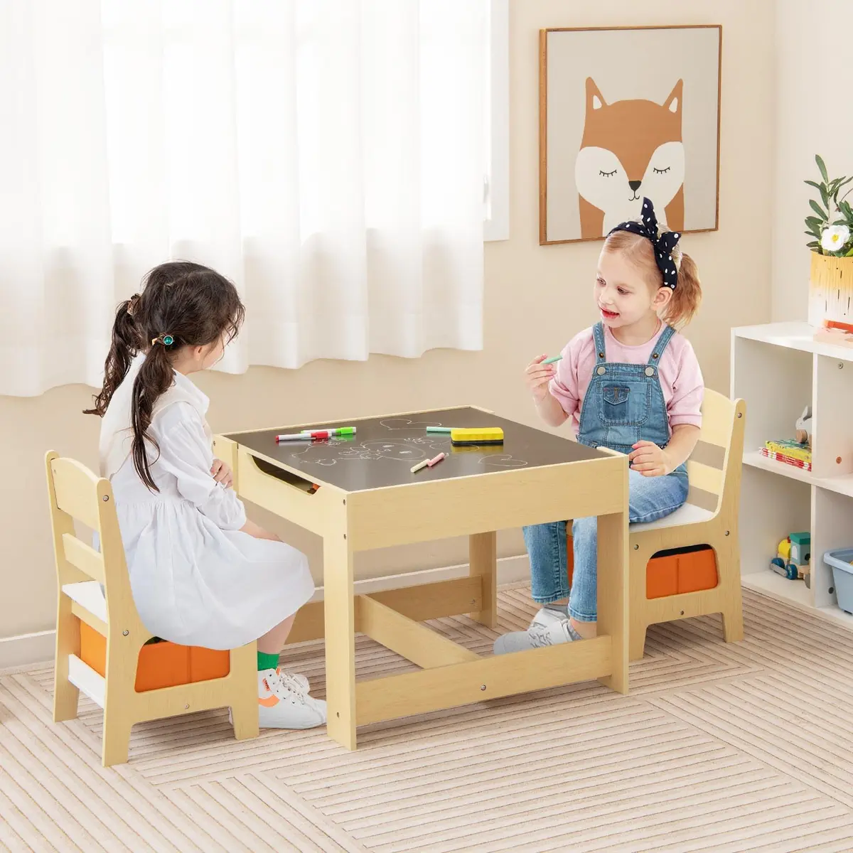HONEY JOY Kids Table and Chairs 3-in-1 Wooden Activity Set for Toddlers 3-7 Years | Storage & Reversible Top - view 2