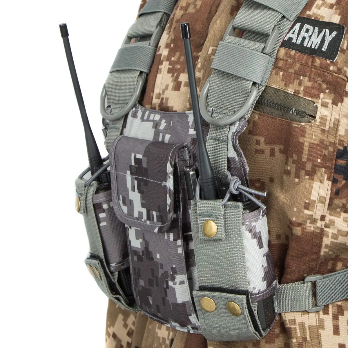 LUITON Radio Shoulder Holster Chest Harness Holder Vest for Two Way Radio | Adjustable Nylon Carry Case with Front Pouches (Camo) - view 3