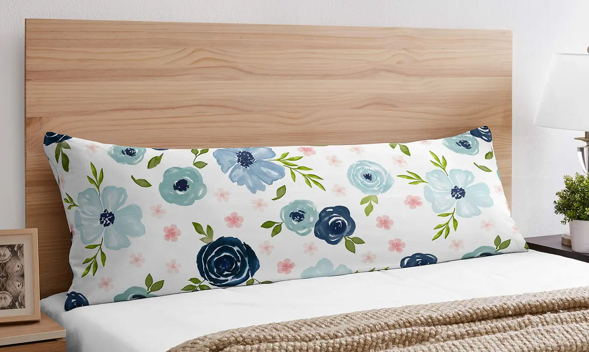 Sweet Jojo Designs Navy Blue and Pink Watercolor Floral Body Pillow Case Cover (Pillow Not Included) - Blush, Green and White Shabby Chic Rose Flower Polka Dot - main product image