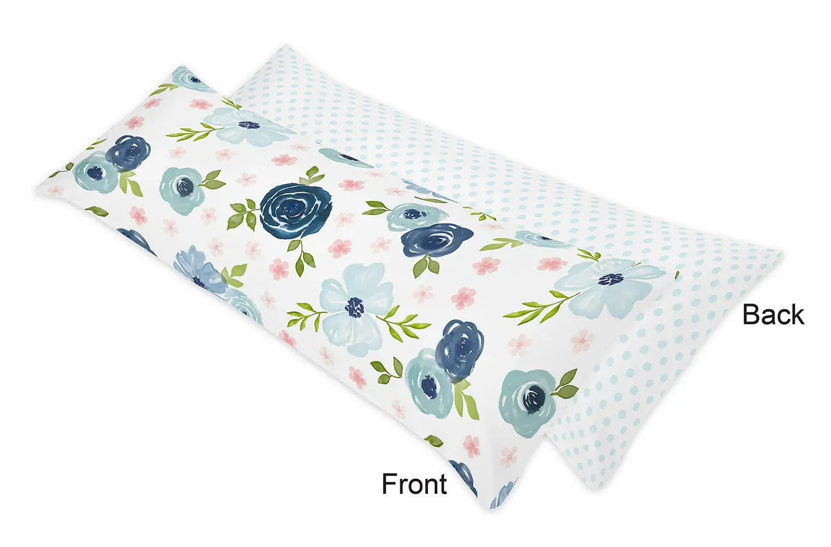 Sweet Jojo Designs Navy Blue and Pink Watercolor Floral Body Pillow Case Cover (Pillow Not Included) - Blush, Green and White Shabby Chic Rose Flower Polka Dot - view 2