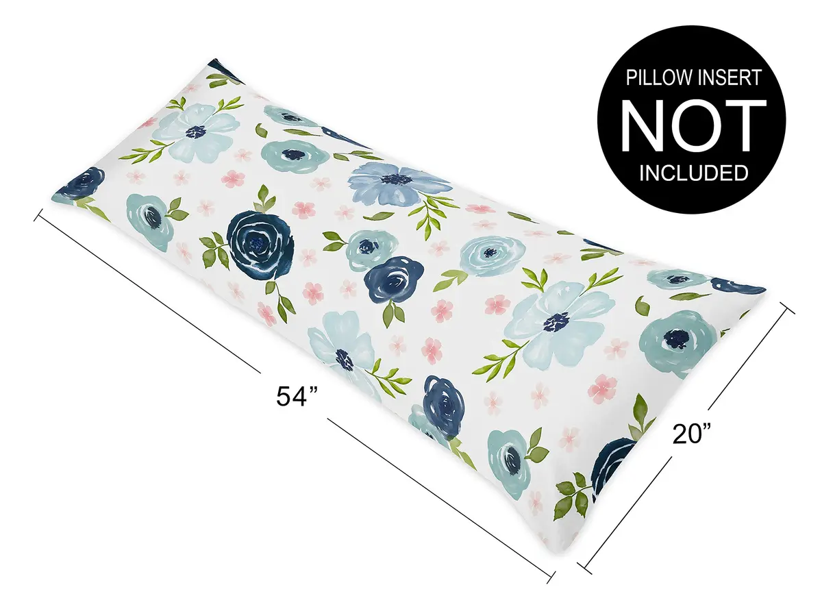 Sweet Jojo Designs Navy Blue and Pink Watercolor Floral Body Pillow Case Cover (Pillow Not Included) - Blush, Green and White Shabby Chic Rose Flower Polka Dot - view 3