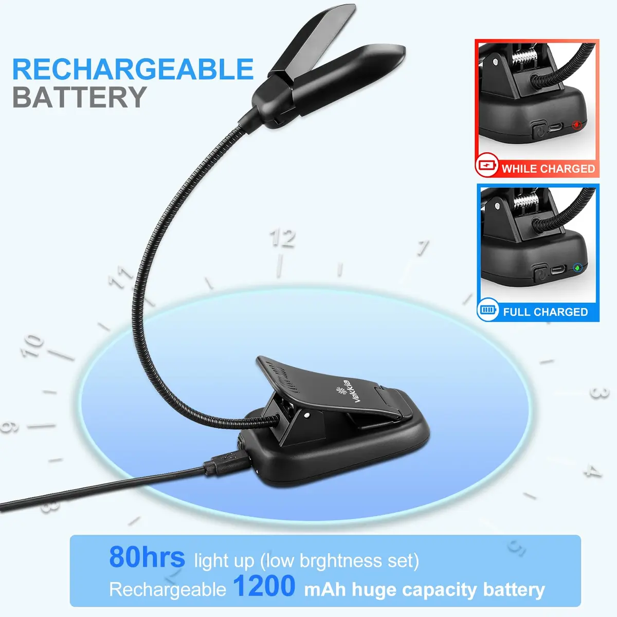 Vekkia 14 LED Rechargeable Book Light 10.1cm (4.0in) | 3 Color Modes, 3 Brightness Levels, Eye Care Lamp - view 5