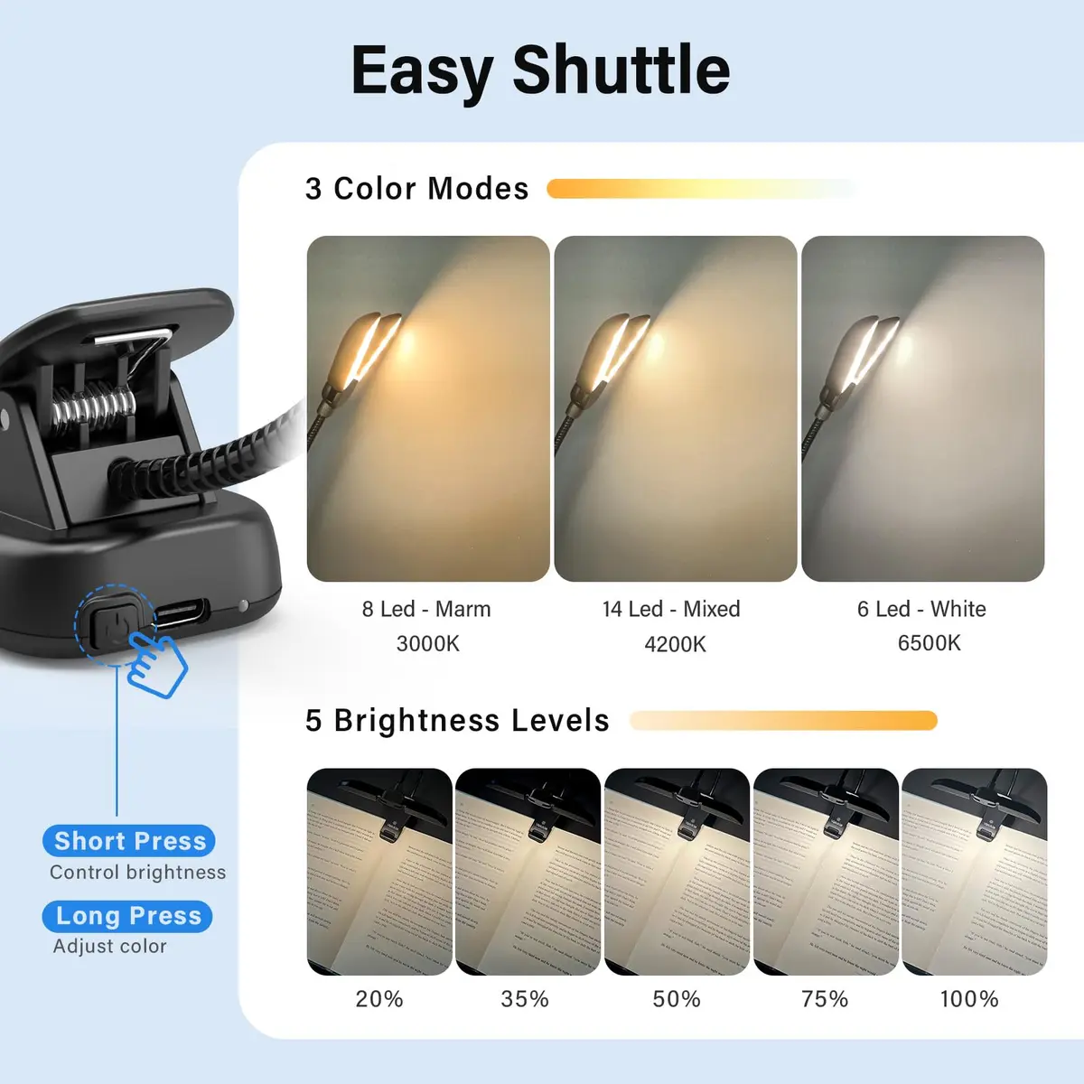 Vekkia 14 LED Rechargeable Book Light 10.1cm (4.0in) | 3 Color Modes, 3 Brightness Levels, Eye Care Lamp - view 3