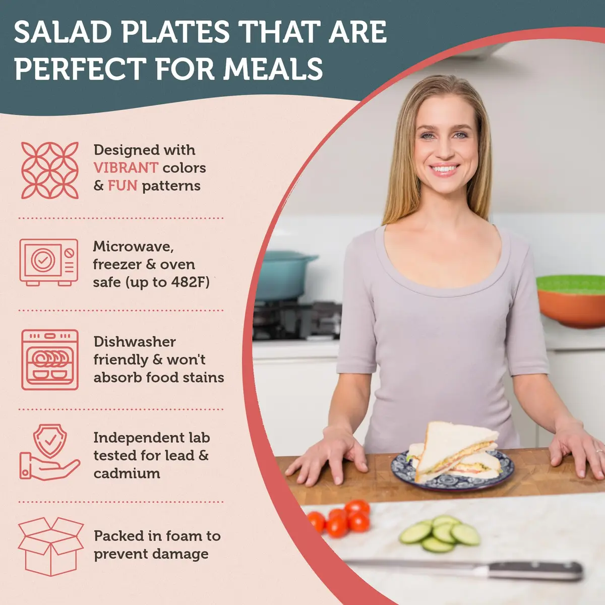 Annovero Salad Plates, 8.5 Inch | Microwave & Dishwasher Safe, Set for 6 - view 4