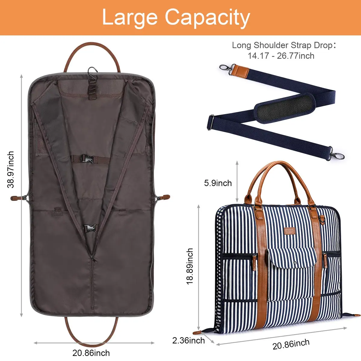 S-ZONE Carry On Garment Bag for Business Travel Canvas Leather Men Women Suit Cover, Blue Stripe-l, L - view 5