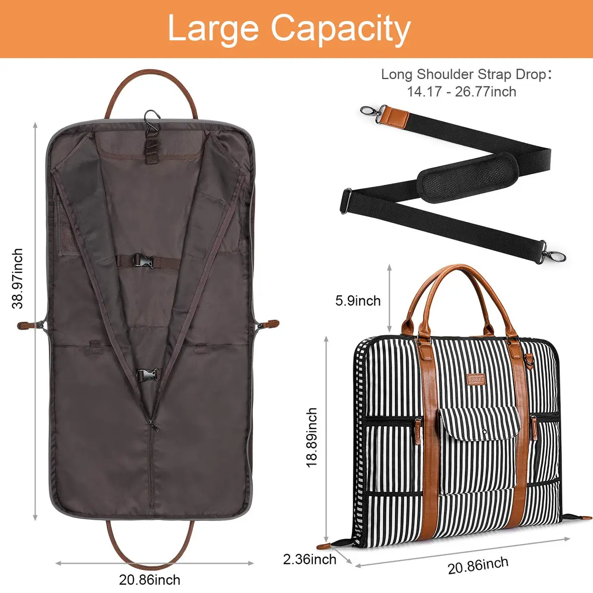 S-ZONE Garment Bag for Travel - Large Canvas Leather Suit Cover with Shoulder Strap | Modern Black Stripe - view 5