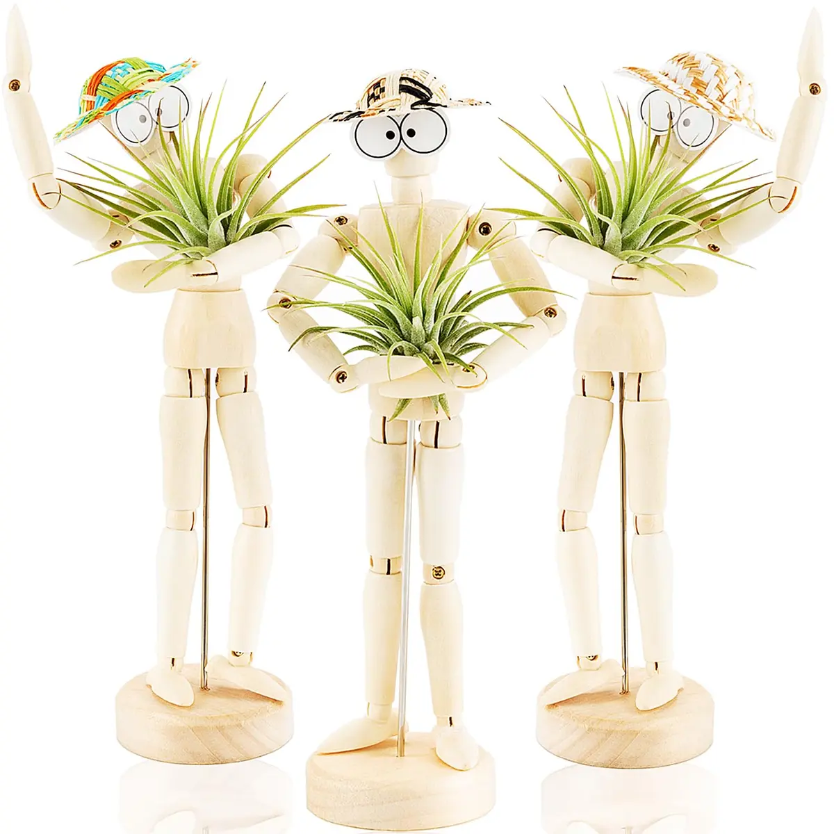Melphoe 3 Pack Air Plant Holder Wooden Jointed Mannequin Adjustable Pose & DIY Decor (8.5 inch tall, 3 pcs) - main product image