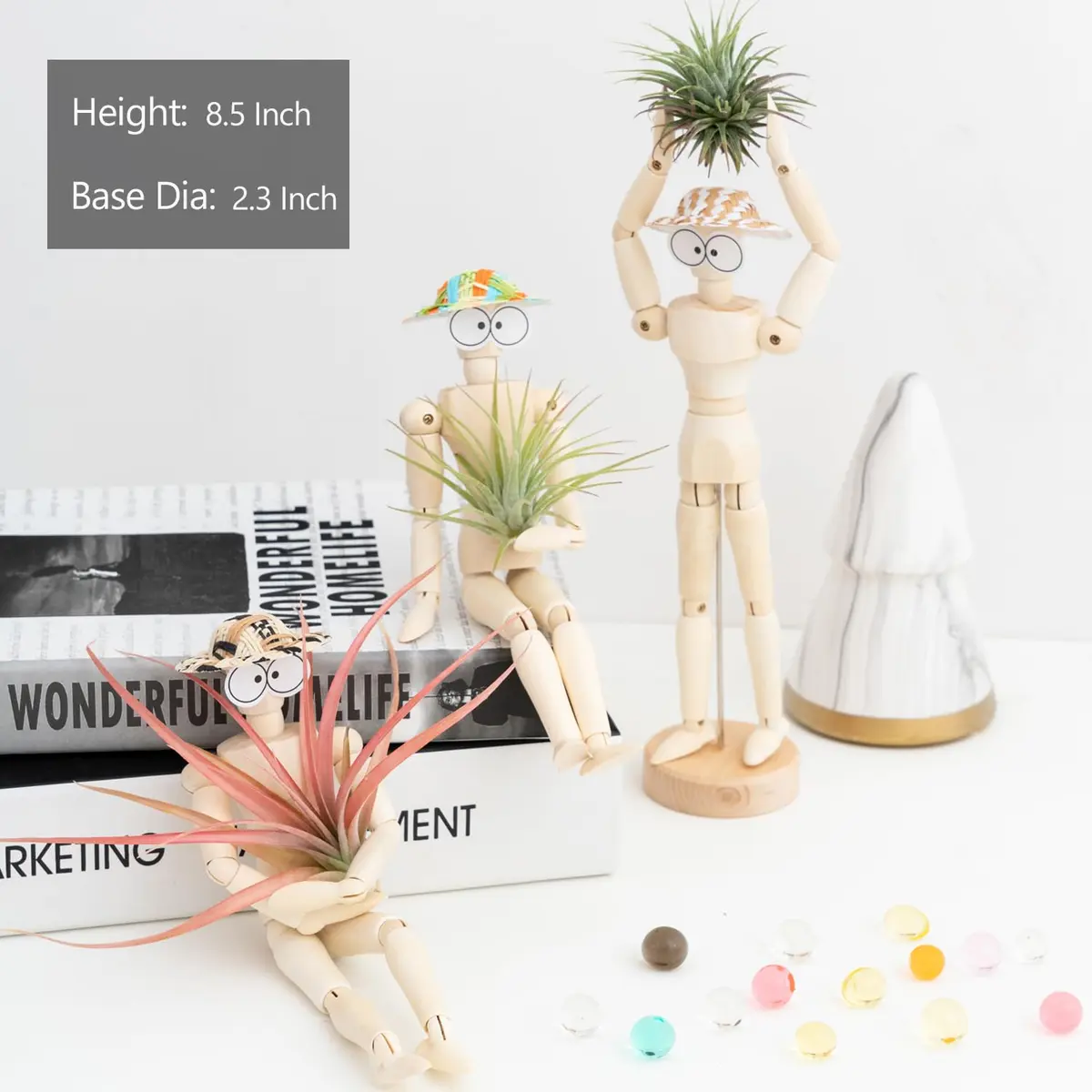 Melphoe 3 Pack Air Plant Holder Wooden Jointed Mannequin Adjustable Pose & DIY Decor (8.5 inch tall, 3 pcs) - view 2