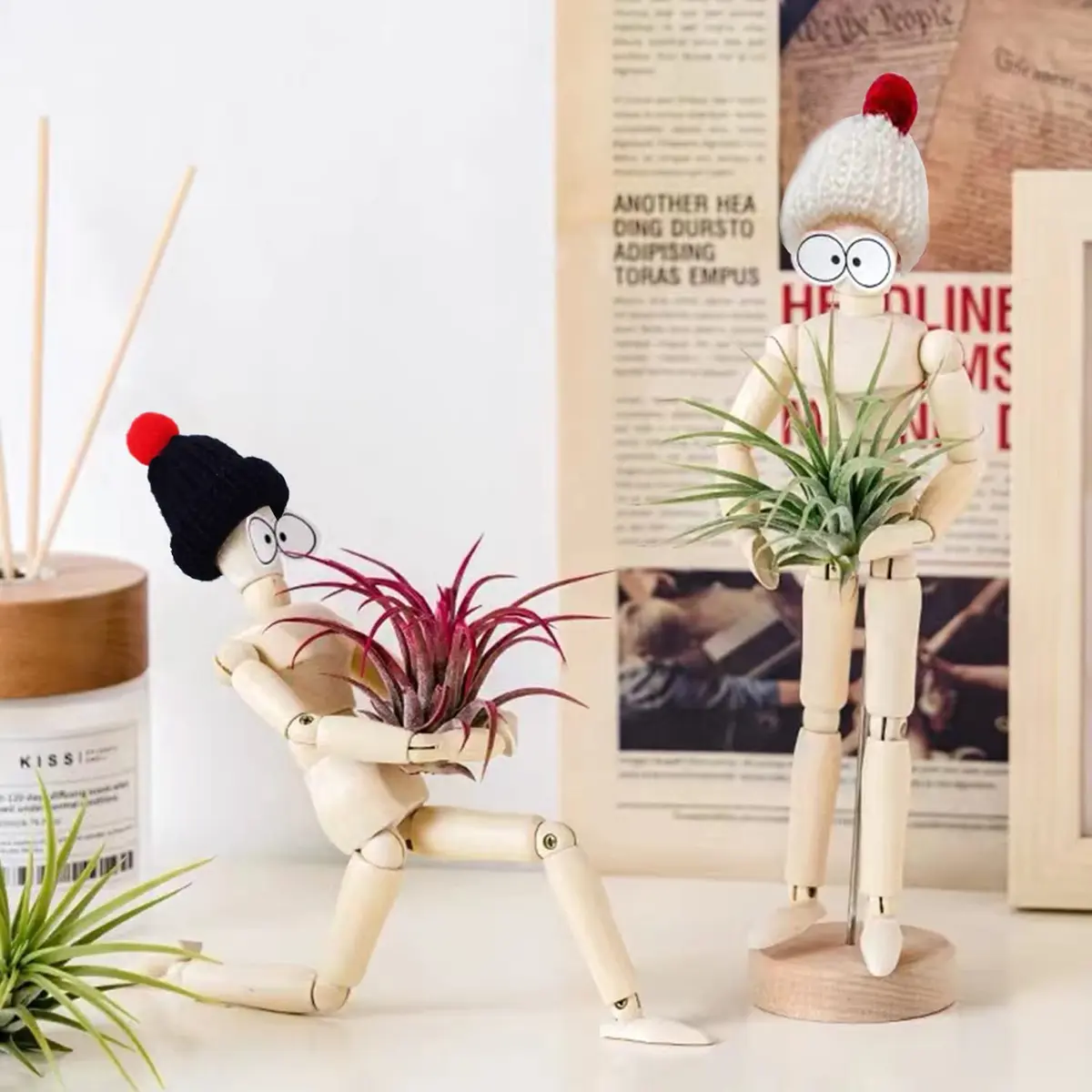 Melphoe 3 Pack Air Plant Holder Wooden Jointed Mannequin Adjustable Pose & DIY Decor (8.5 inch tall, 3 pcs) - view 3
