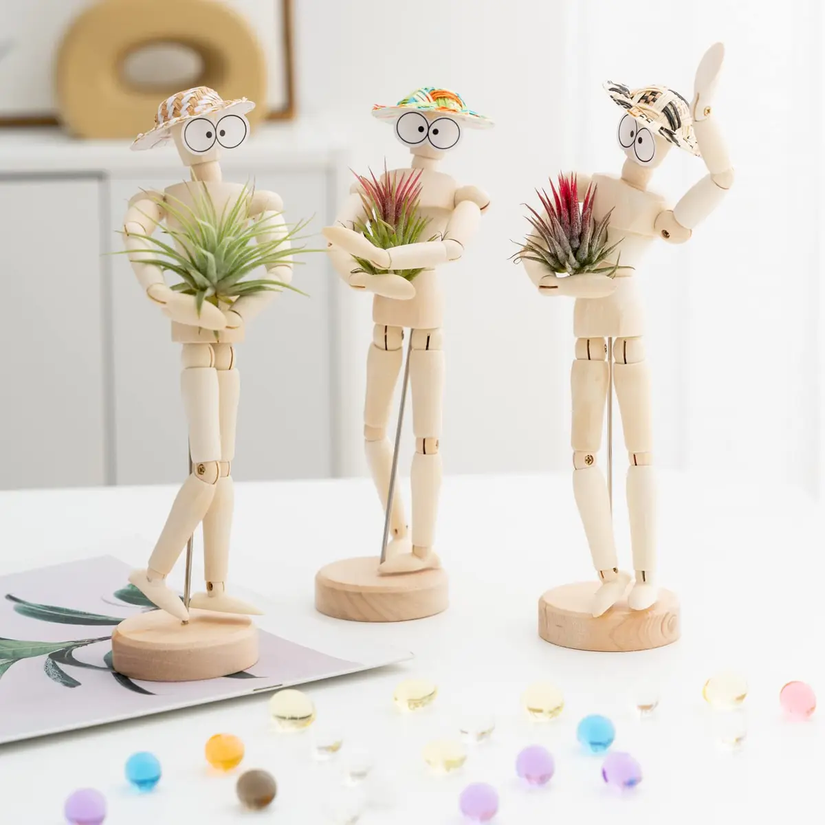 Melphoe 3 Pack Air Plant Holder Wooden Jointed Mannequin Adjustable Pose & DIY Decor (8.5 inch tall, 3 pcs) - view 4