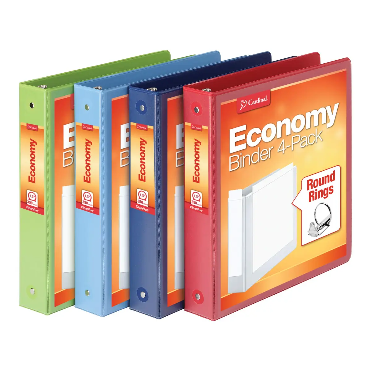 Cardinal 1.5 Inch 3 Ring Binder 4-Pack | Holds 350 Sheets, ClearVue Presentation View, Non-Stick, Assorted Colors - main product image