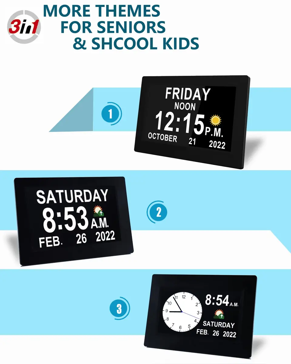 Véfaîî Digital Dementia Clock 7" Large Display Auto Dimmer 19 Alarms for Seniors - view 6