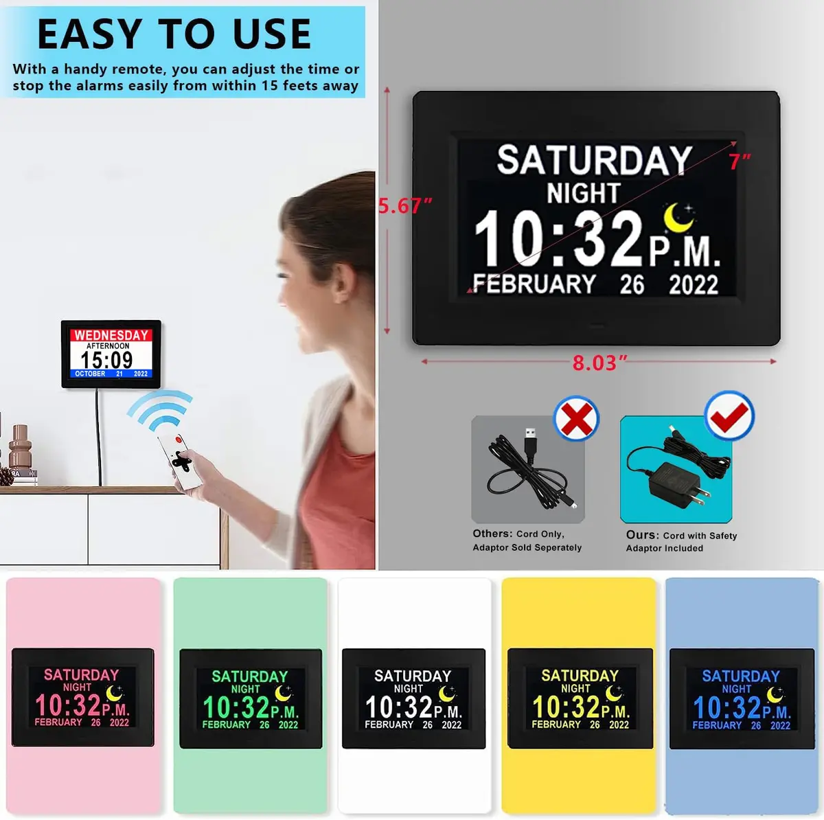 Véfaîî Digital Dementia Clock 7" Large Display Auto Dimmer 19 Alarms for Seniors - view 3